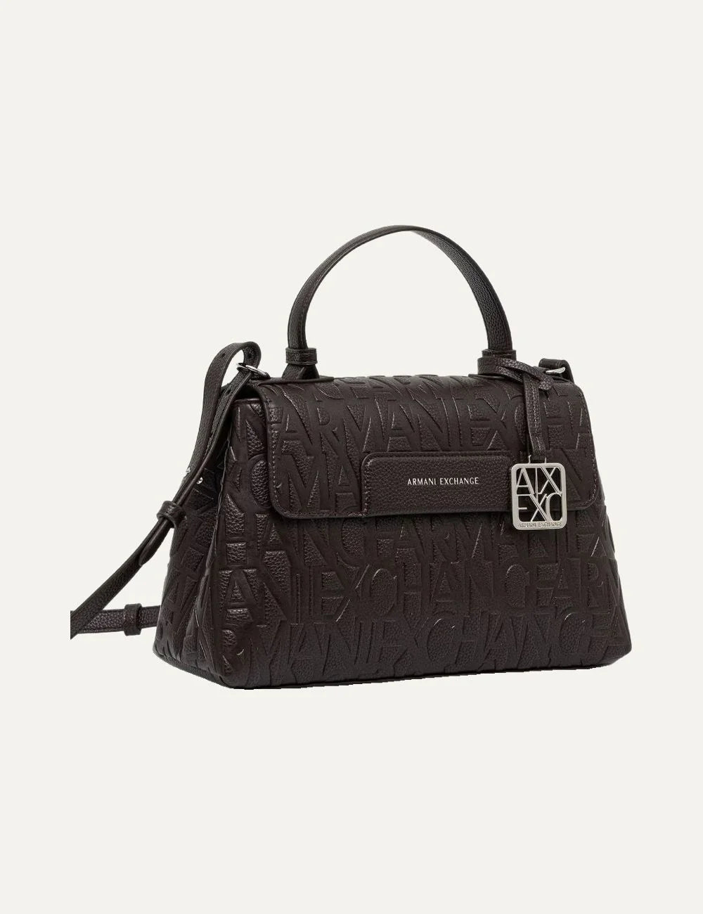 Armani Exchange women's dark brown handbag with allover embossed logo, structured flap design, top handle and silver-tone AX charm side