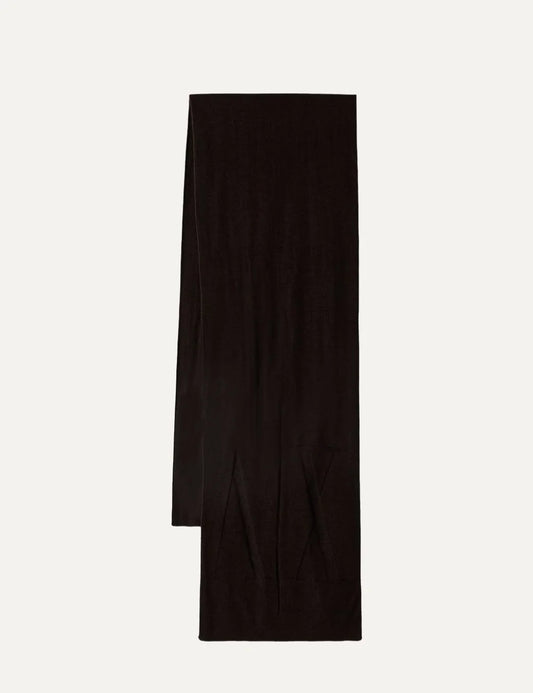 Armani Exchange women's dark brown knitted wool scarf with tonal embroidered AX logo and straight edges.
