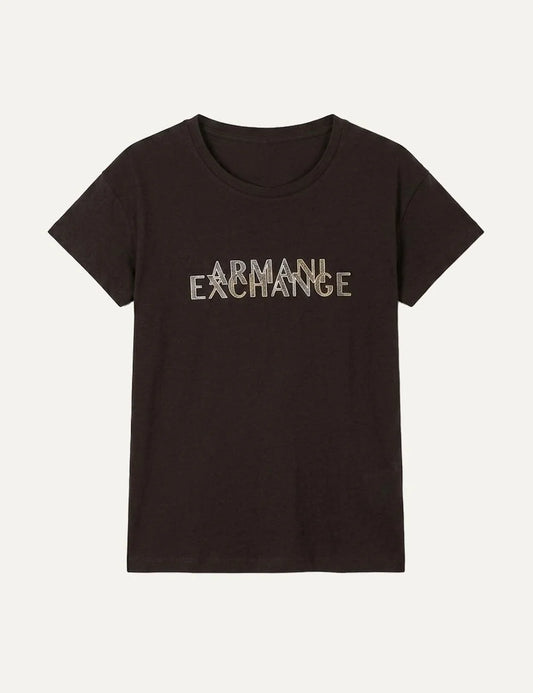 Women's Armani Exchange dark brown oversized cotton T-shirt with crew neck, short sleeves and logo detail on the front