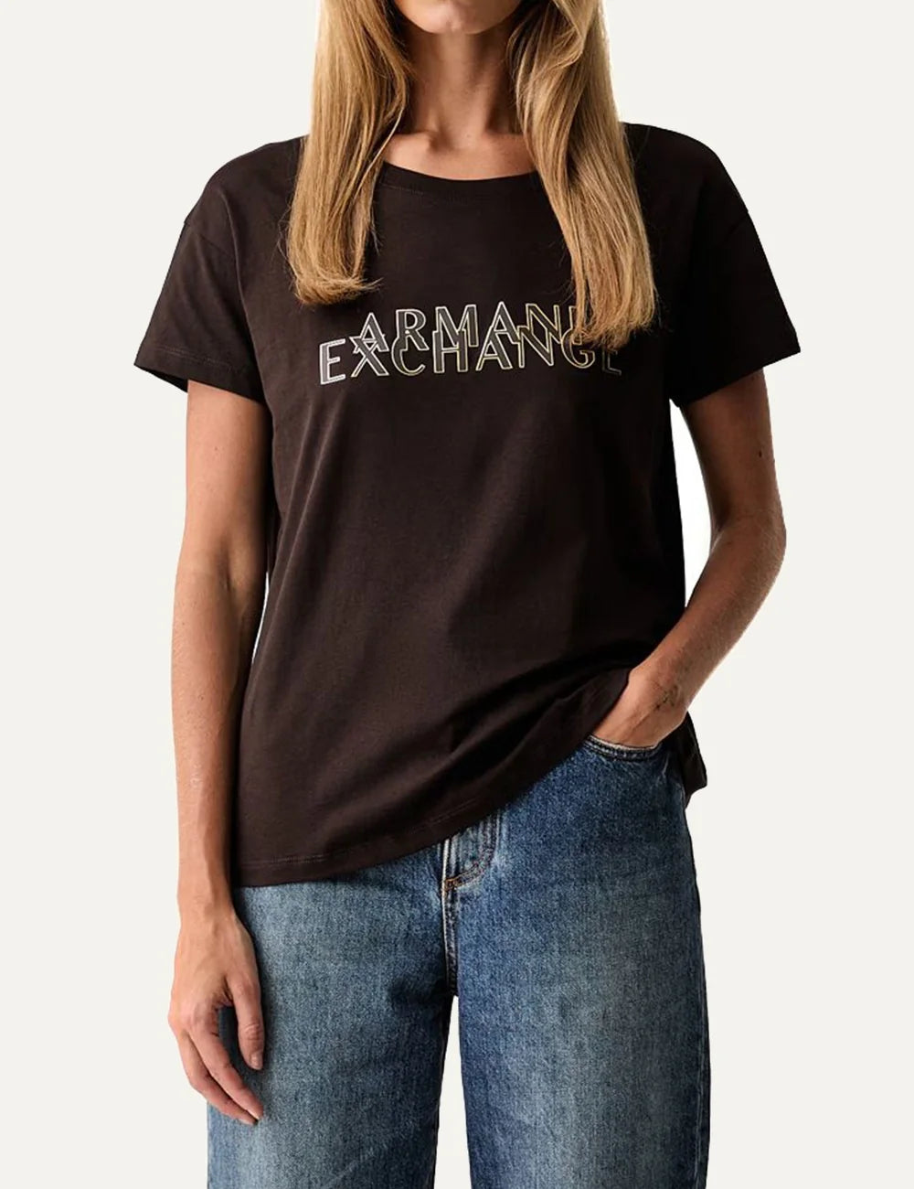 Women's Armani Exchange dark brown oversized cotton T-shirt with crew neck, short sleeves and logo detail on the front model