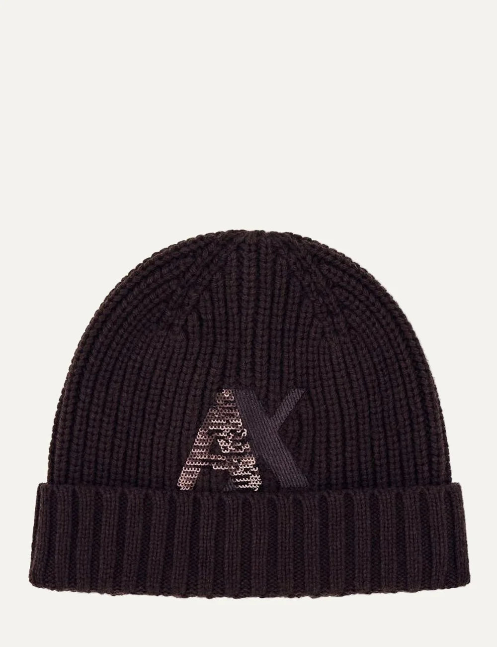 Women's Armani Exchange dark brown ribbed knit beanie with sequin-embellished A|X logo and folded cuff