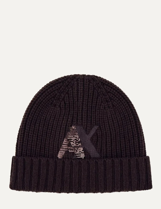 Women's Armani Exchange dark brown ribbed knit beanie with sequin-embellished A|X logo and folded cuff