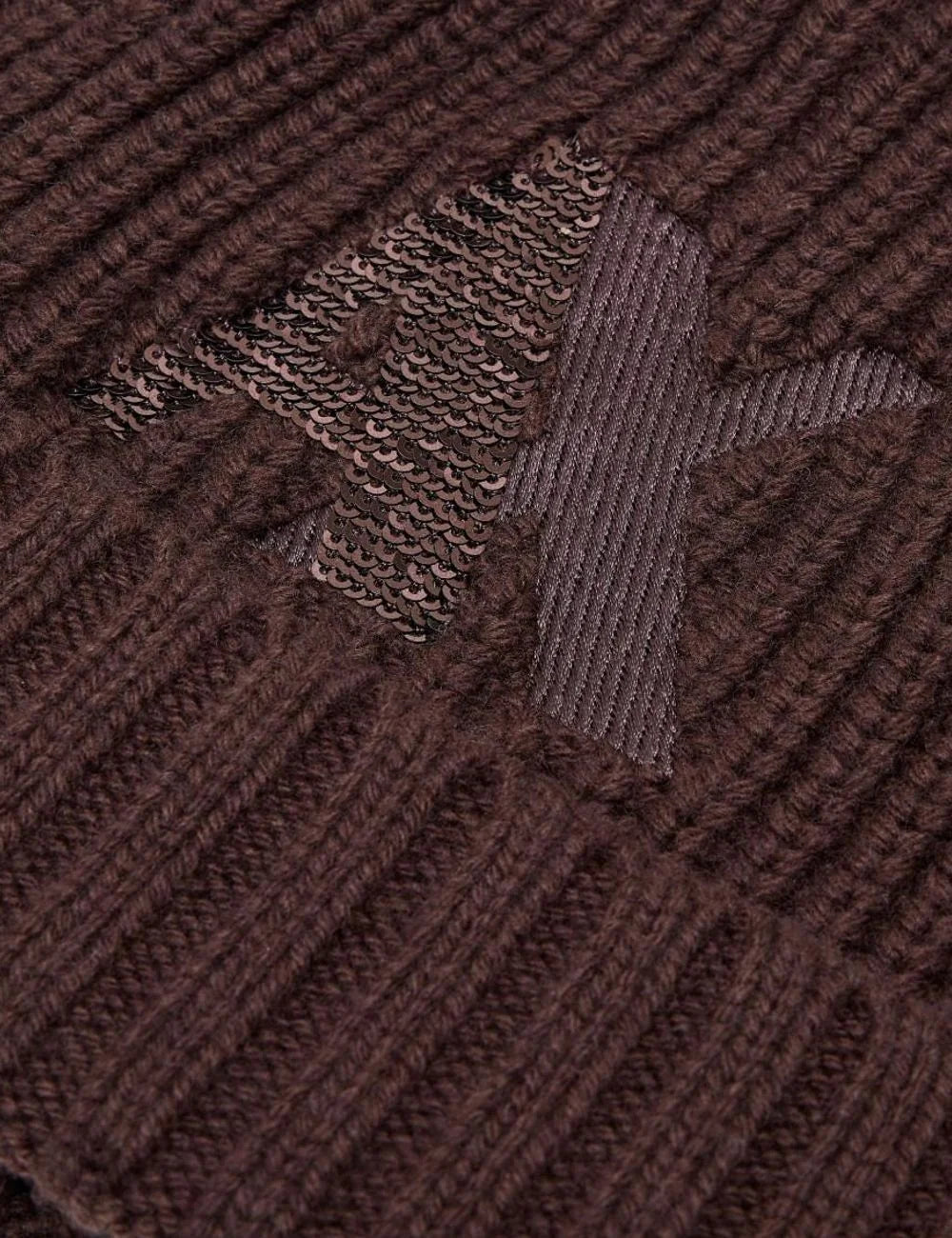 Women's Armani Exchange dark brown ribbed knit beanie with sequin-embellished A|X logo and folded cuff detail