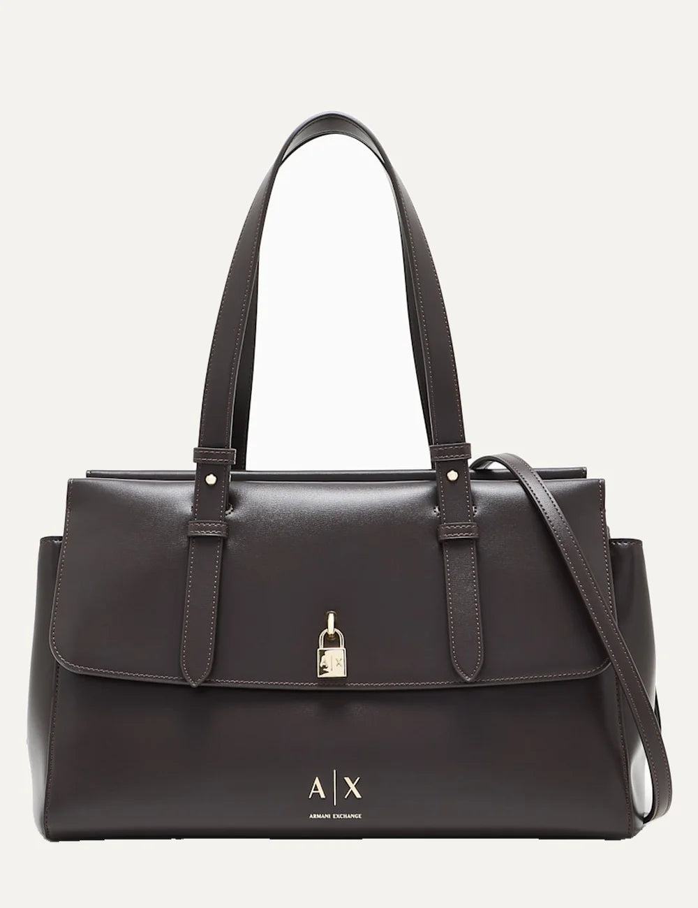 Women's Armani Exchange dark brown shopping bag with smooth coated finish, long shoulder handles, detachable strap and gold-tone padlock detail