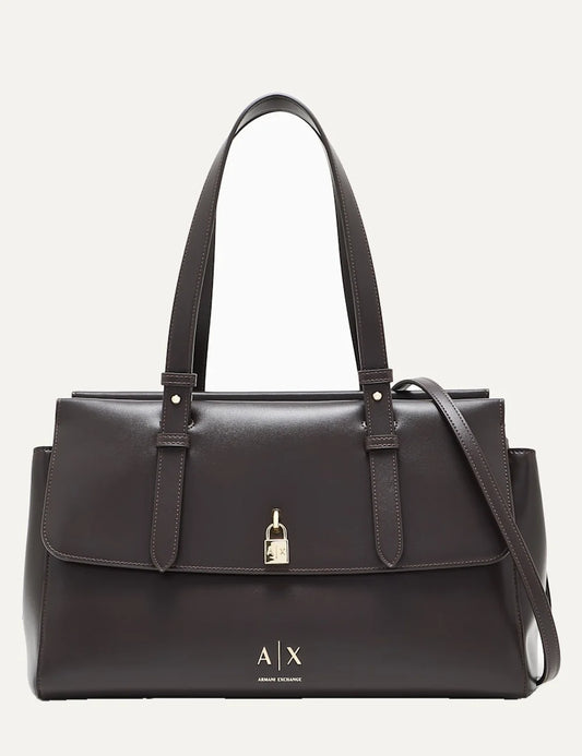 Women's Armani Exchange dark brown shopping bag with smooth coated finish, long shoulder handles, detachable strap and gold-tone padlock detail