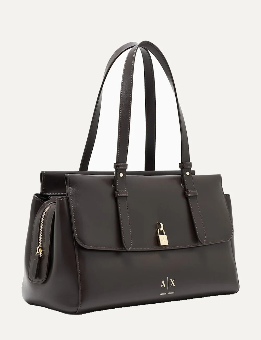 Women's Armani Exchange dark brown shopping bag with smooth coated finish, long shoulder handles, detachable strap and gold-tone padlock detail side