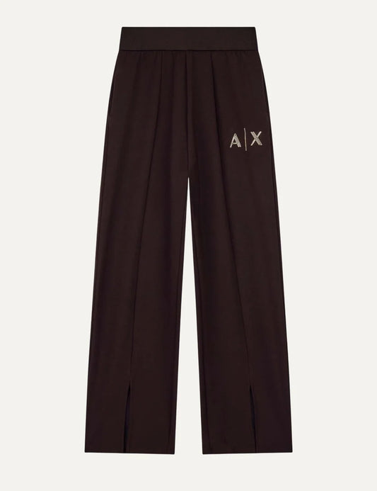Armani Exchange women's dark brown wide-leg sweatpants with elastic waistband, A|X logo and front hem slits.