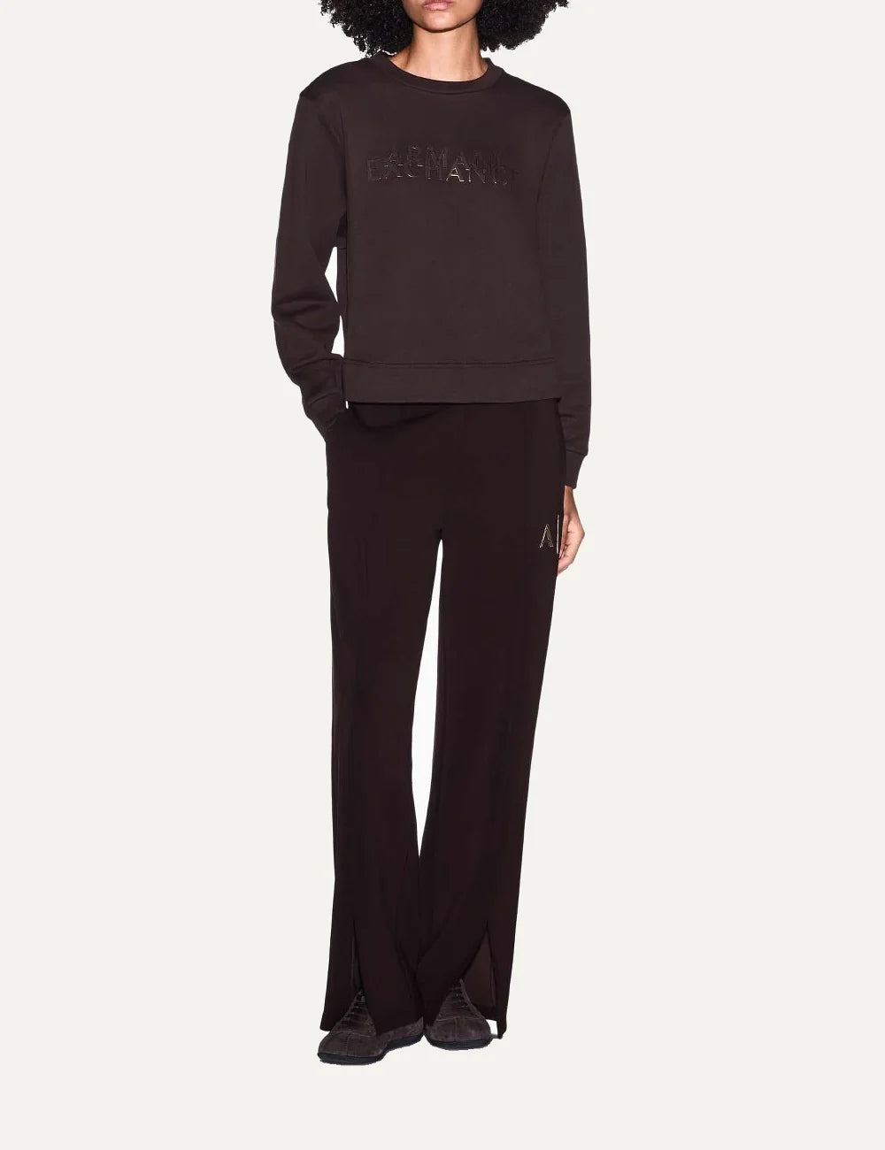 Armani Exchange women's dark brown wide-leg sweatpants with elastic waistband, A|X logo and front hem slits full body