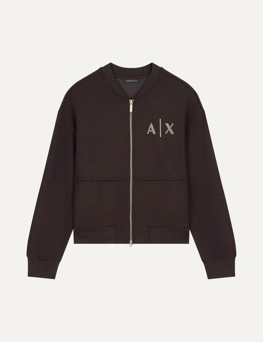 Armani Exchange women's dark brown zip-up cardigan with ribbed bomber collar, A|X chest logo and ribbed cuffs.