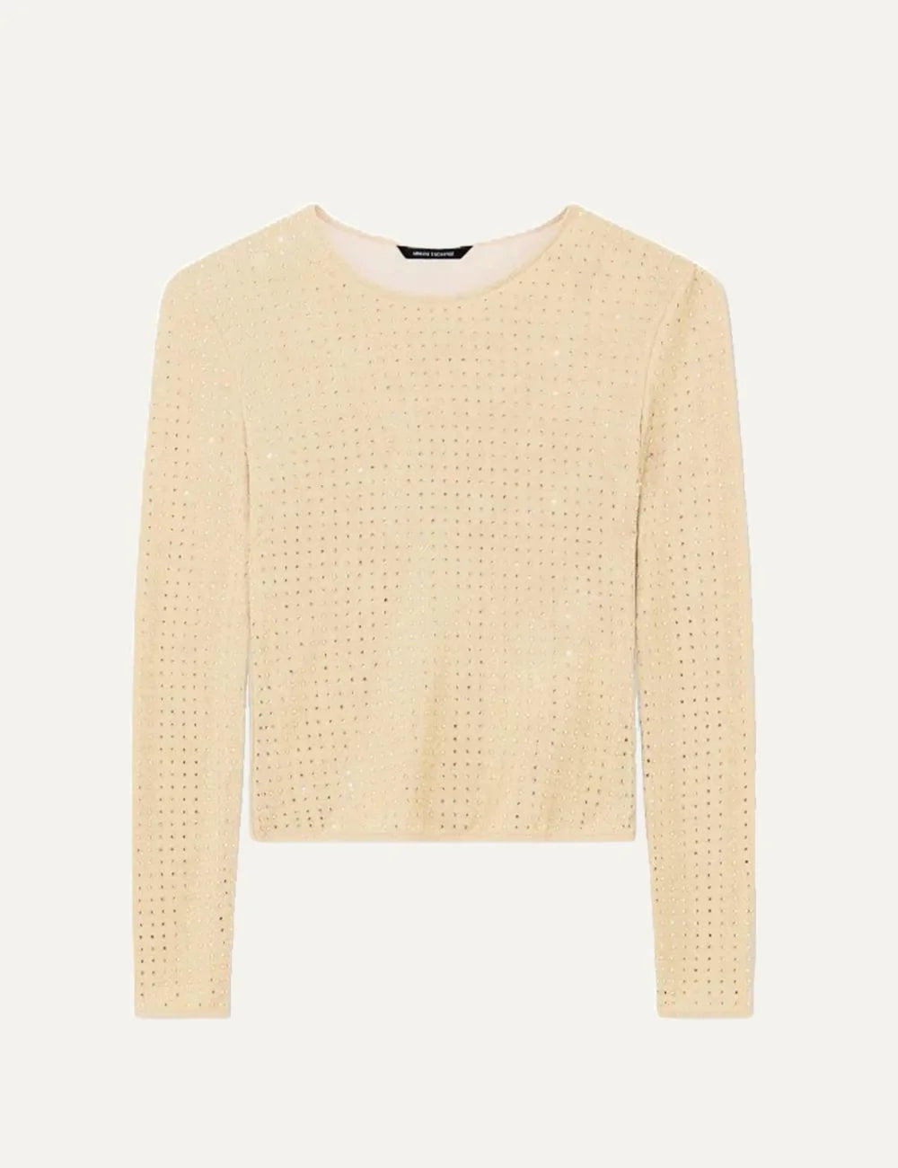 Armani Exchange women's ecru long sleeve knitted top with round neckline, cropped length and shimmering details.