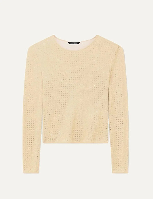 Armani Exchange women's ecru long sleeve knitted top with round neckline, cropped length and shimmering details.