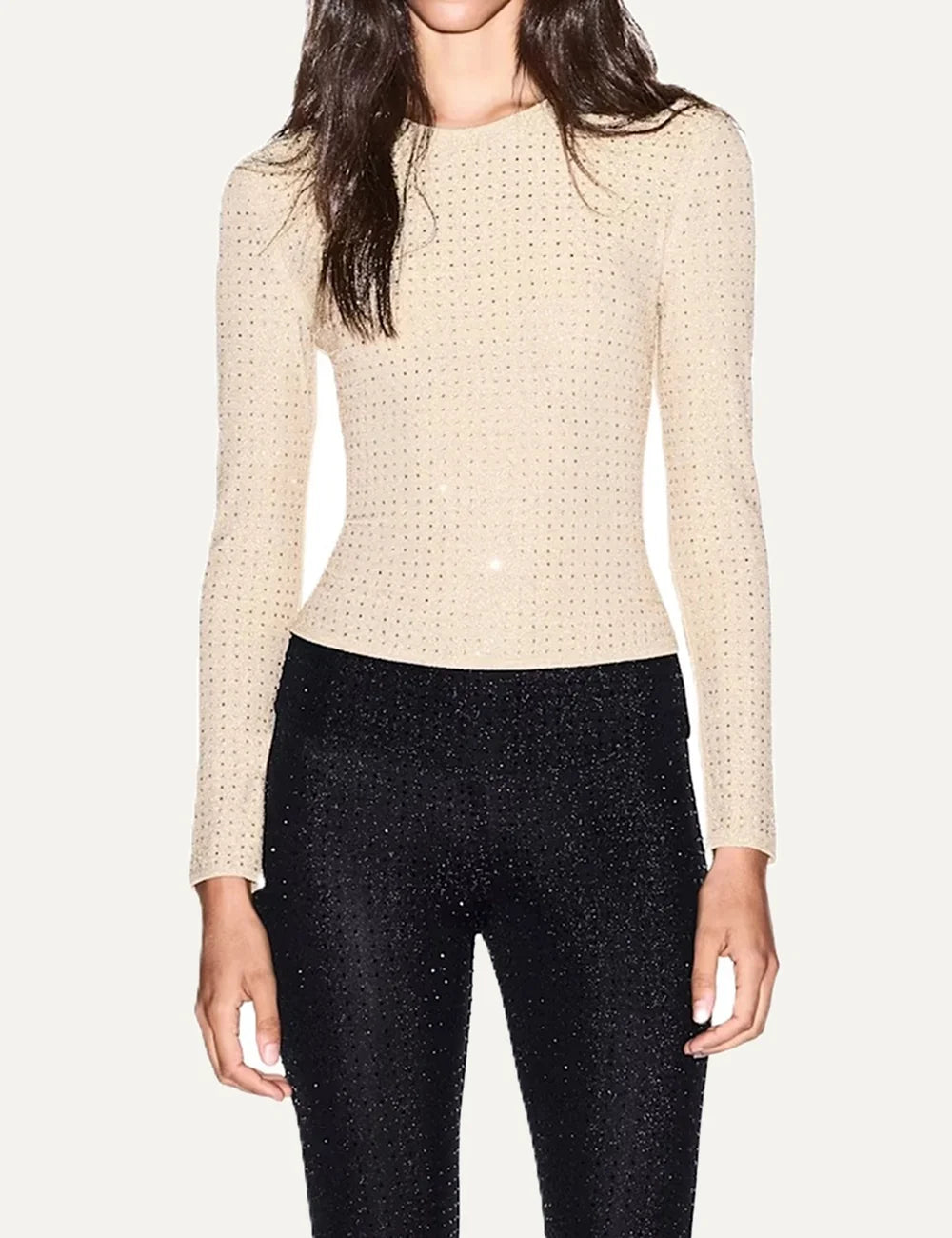 Armani Exchange women's ecru long sleeve knitted top with round neckline, cropped length and shimmering details full body