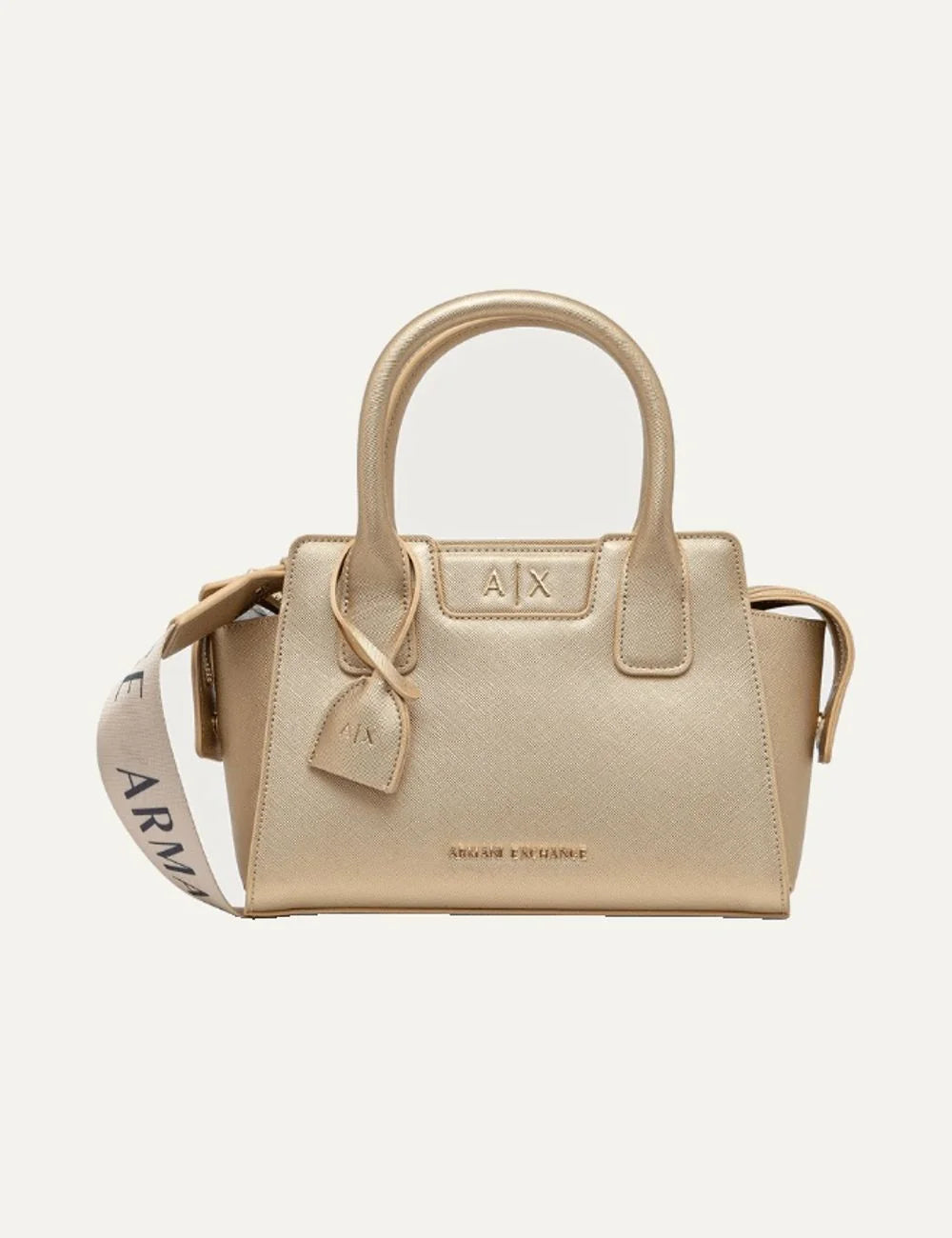 Armani Exchange women's gold metallic handbag with double top handles, logo shoulder strap and AX charm.