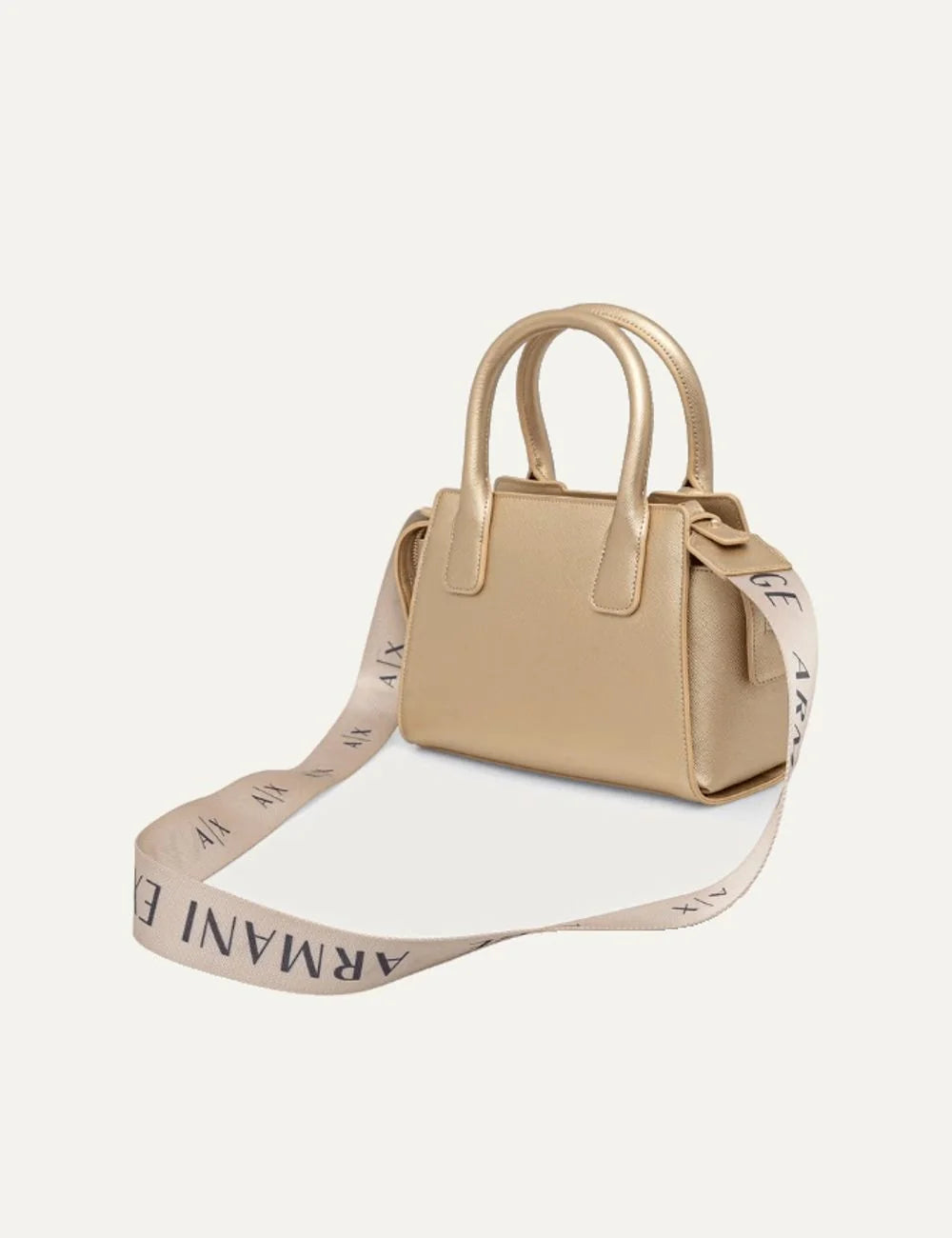 Armani Exchange women's gold metallic handbag with double top handles, logo shoulder strap and AX charm back