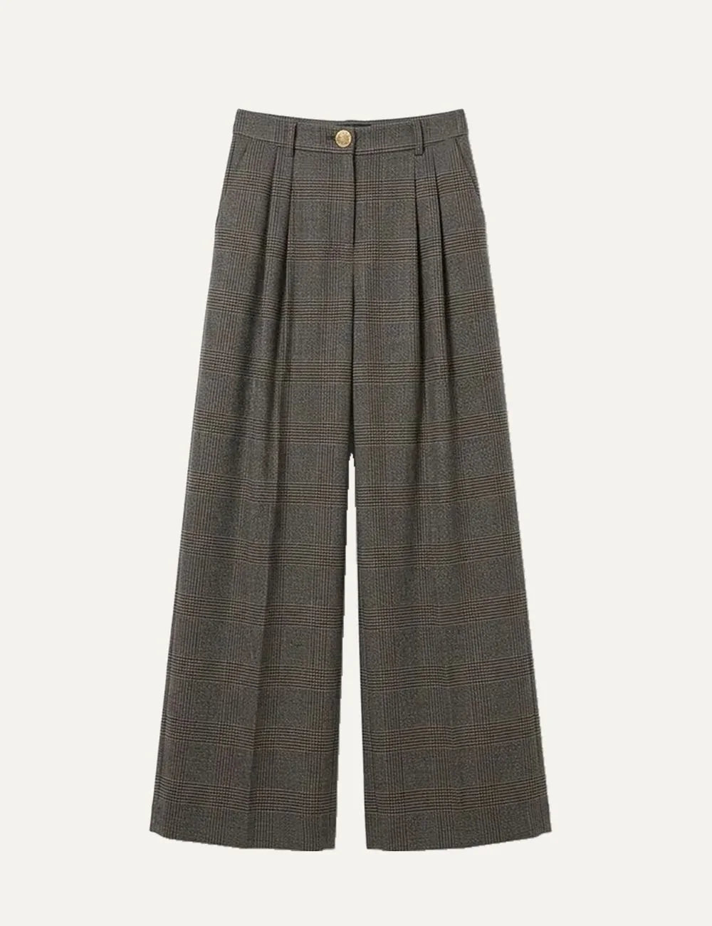 Women's Armani Exchange grey checked high-waisted wide-leg trousers with front pleats and gold-tone button