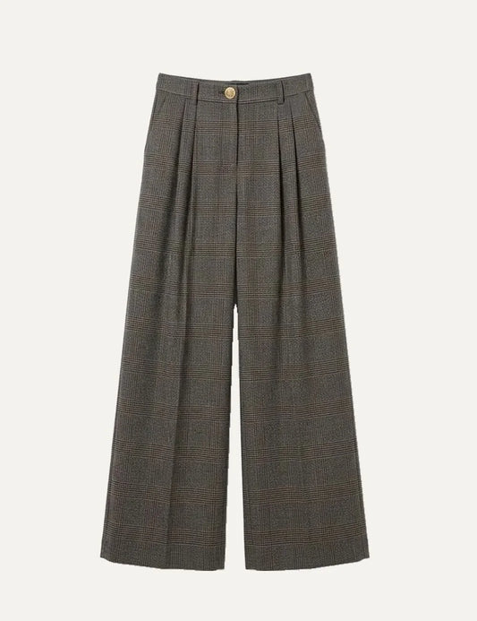 Women's Armani Exchange grey checked high-waisted wide-leg trousers with front pleats and gold-tone button