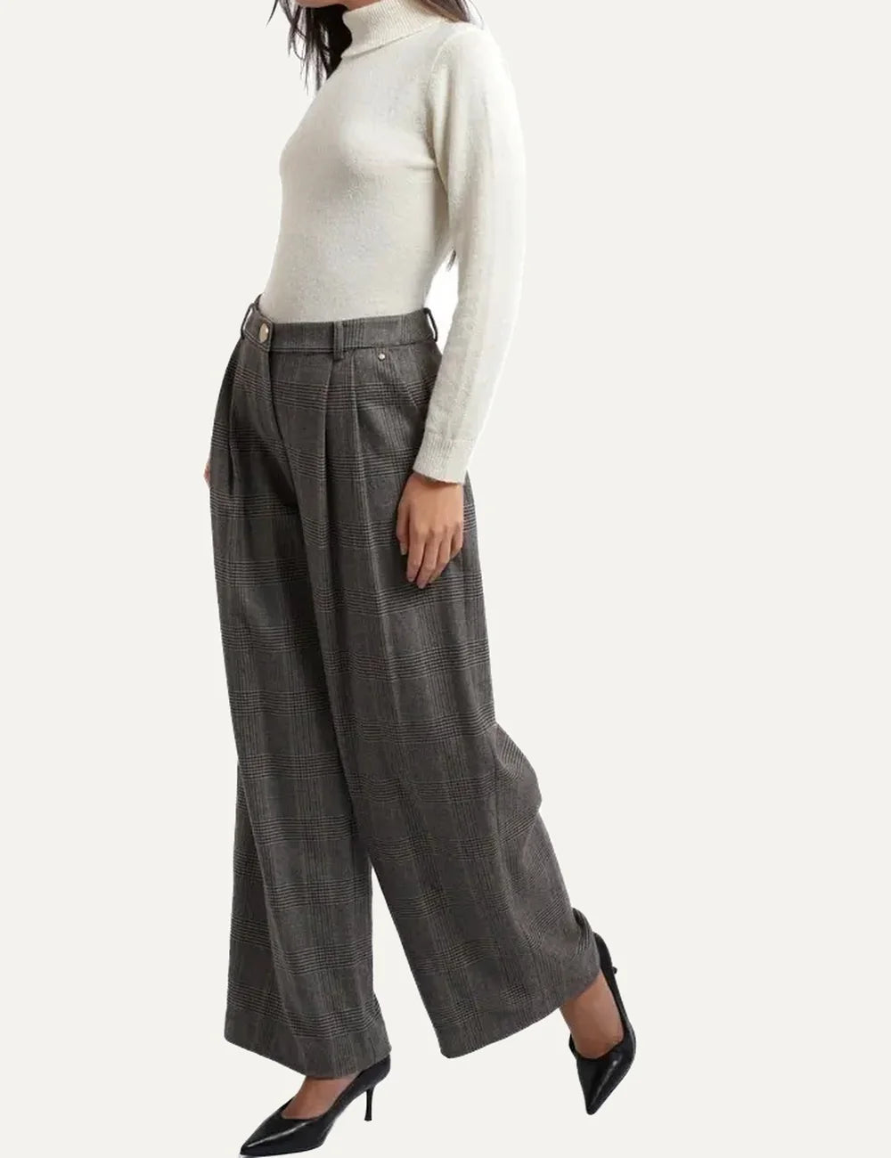 Women's Armani Exchange grey checked high-waisted wide-leg trousers with front pleats and gold-tone button side