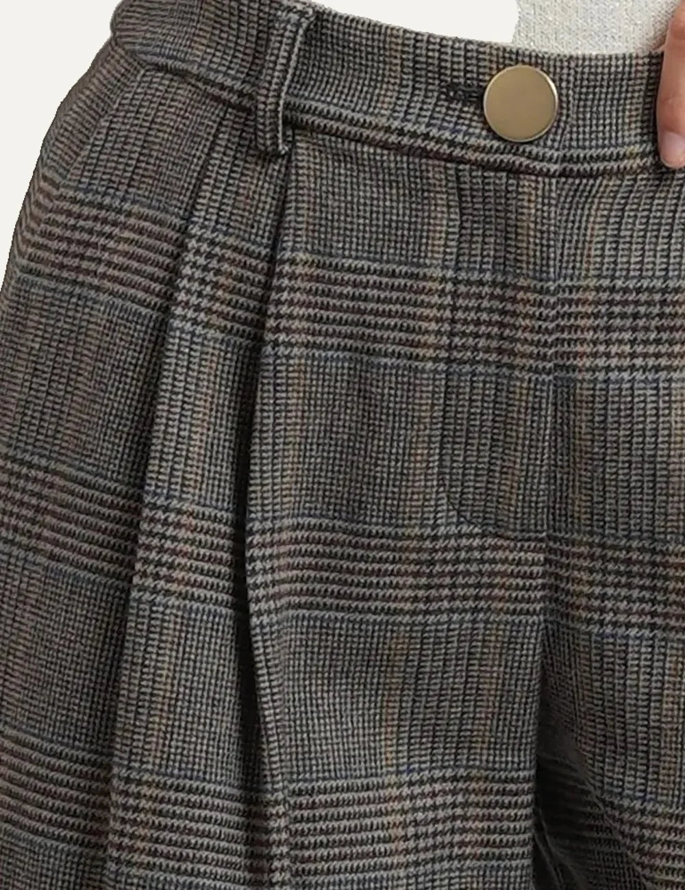 Women's Armani Exchange grey checked high-waisted wide-leg trousers with front pleats and gold-tone button detail