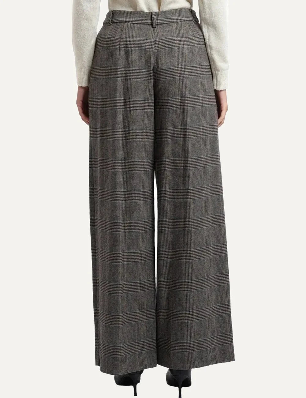Women's Armani Exchange grey checked high-waisted wide-leg trousers with front pleats and gold-tone button back