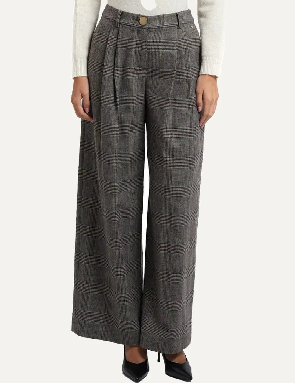 Women's Armani Exchange grey checked high-waisted wide-leg trousers with front pleats and gold-tone button model