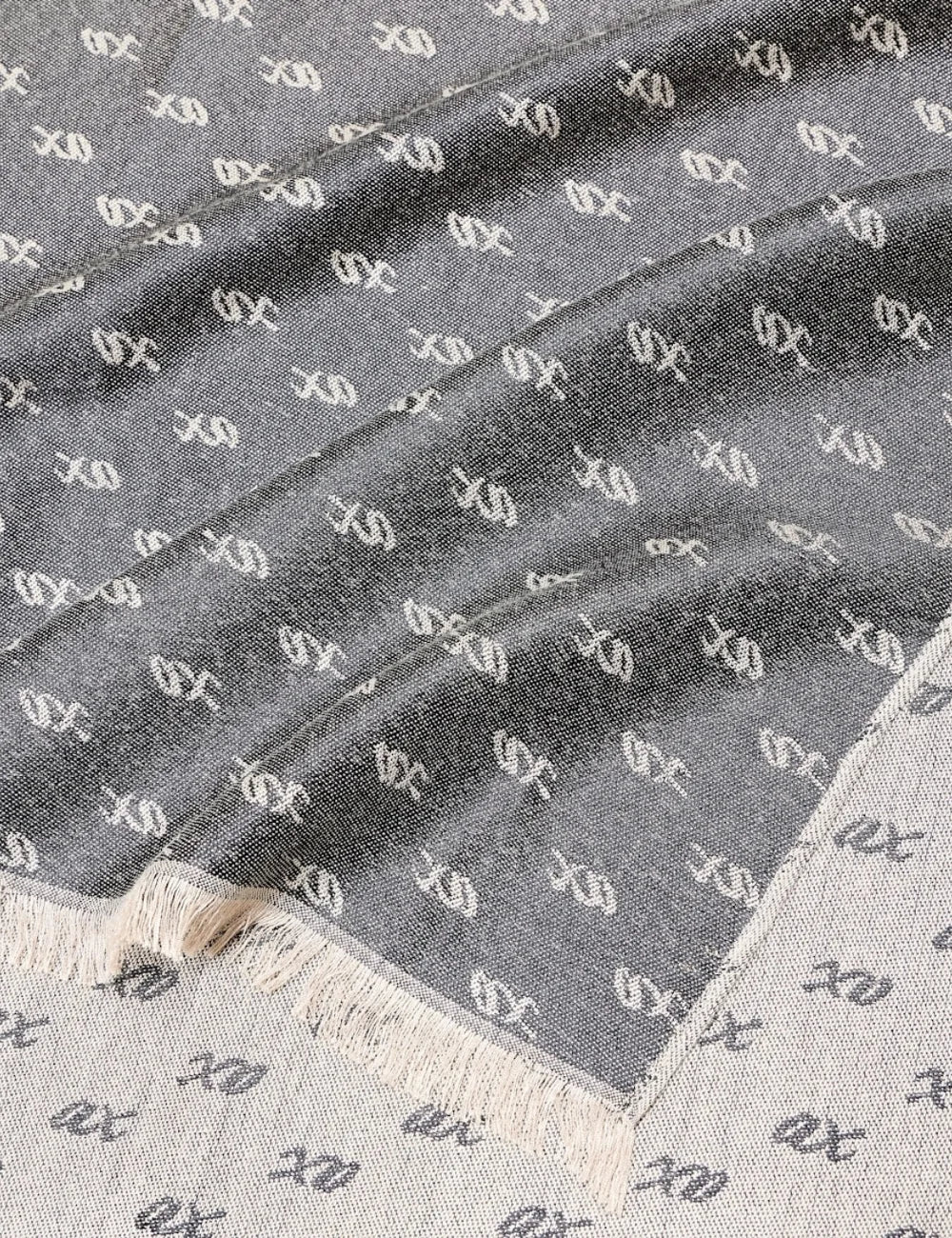 Women's Armani Exchange grey scarf with all-over monogram pattern, ecru details and fringed edges detail