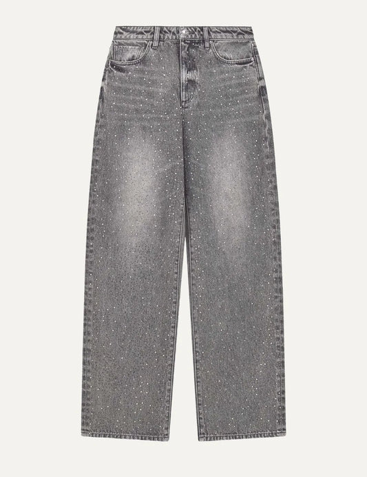 Armani Exchange women's grey wide leg jeans with high waist, faded wash and allover rhinestone embellishments front