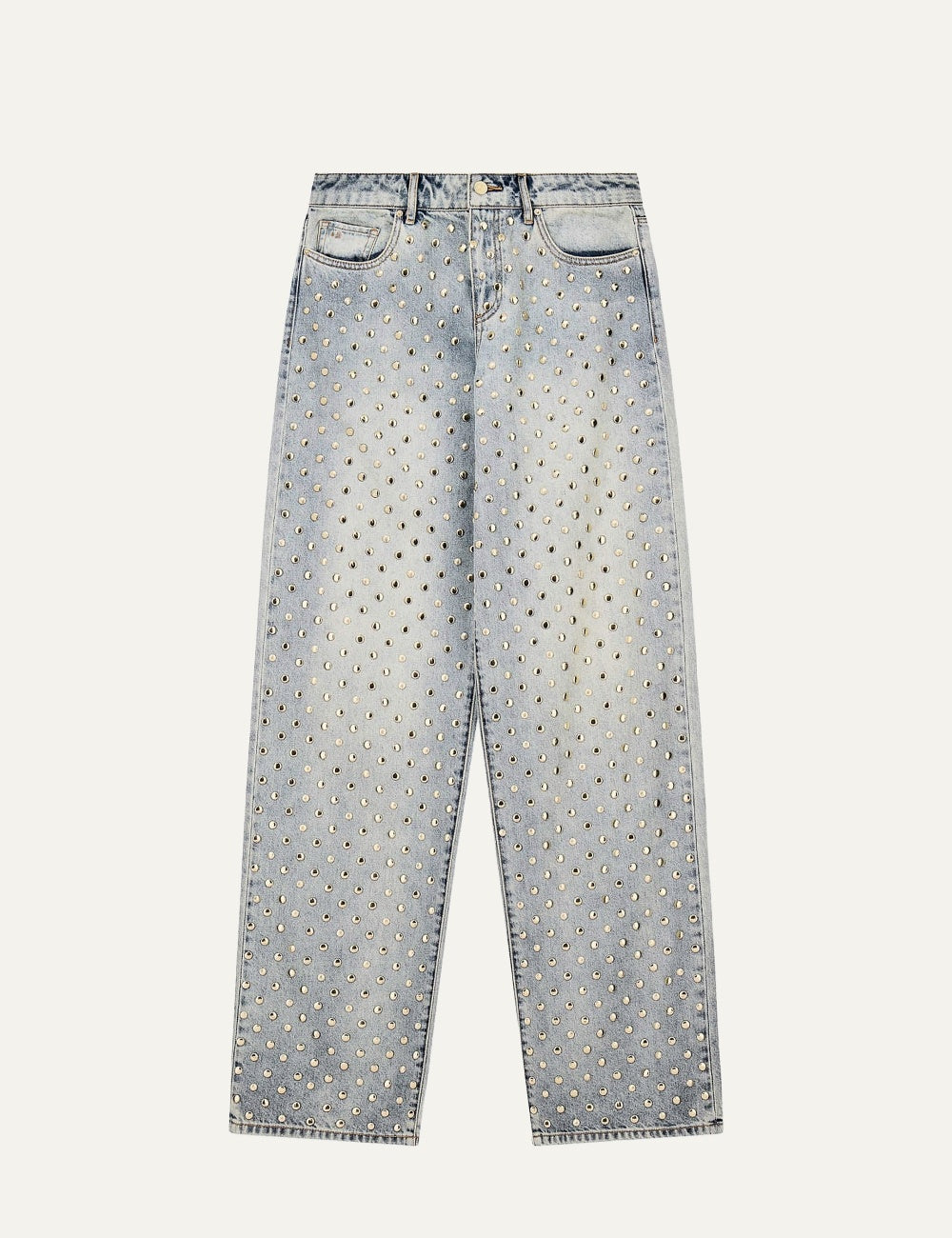 Armani Exchange women's light blue wide-leg jeans with allover metallic studs and rhinestone embellishments.