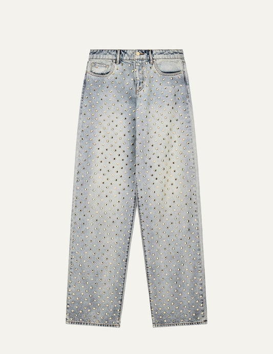 Armani Exchange women's light blue wide-leg jeans with allover metallic studs and rhinestone embellishments.