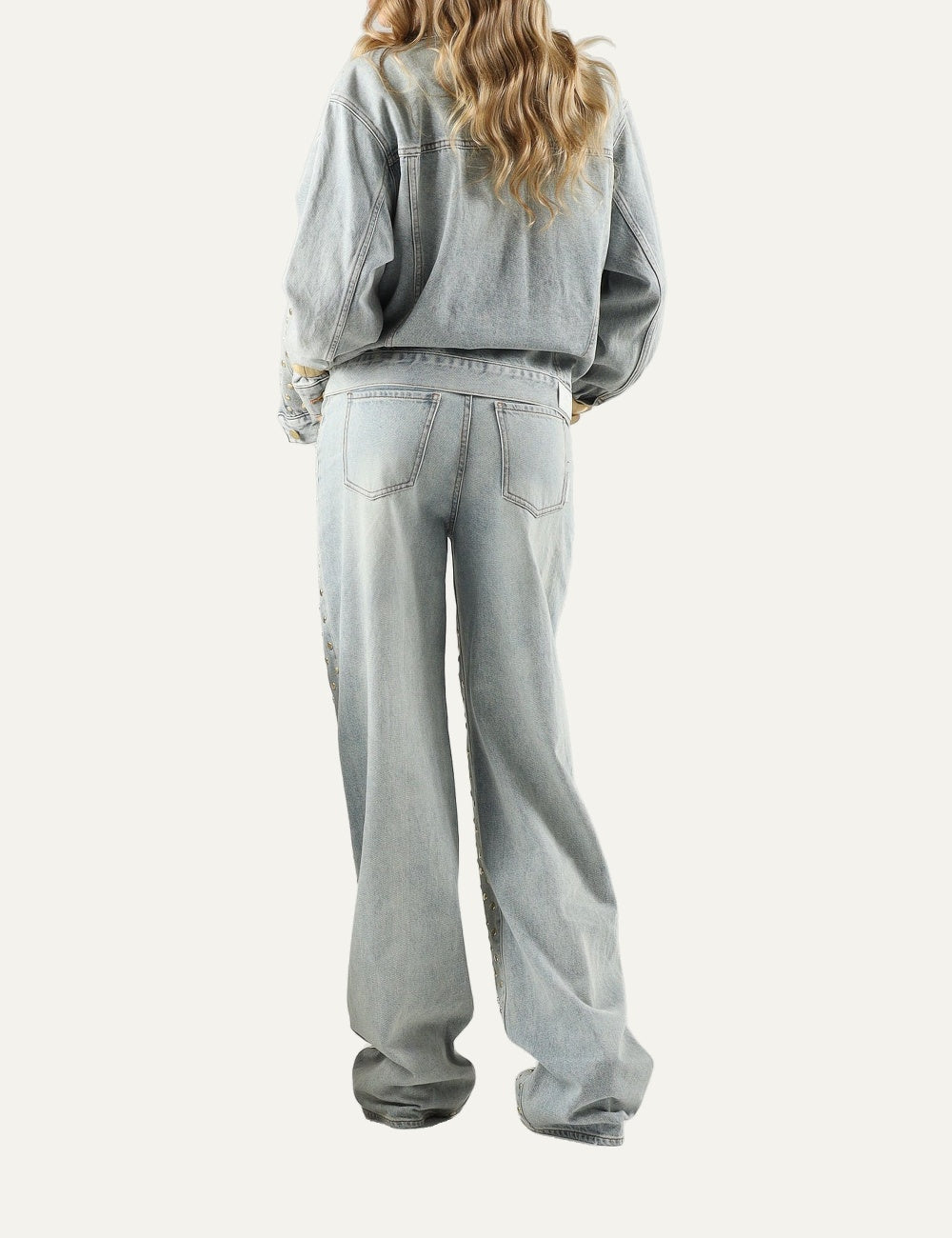 Armani Exchange women's light blue wide-leg jeans with allover metallic studs and rhinestone embellishments back