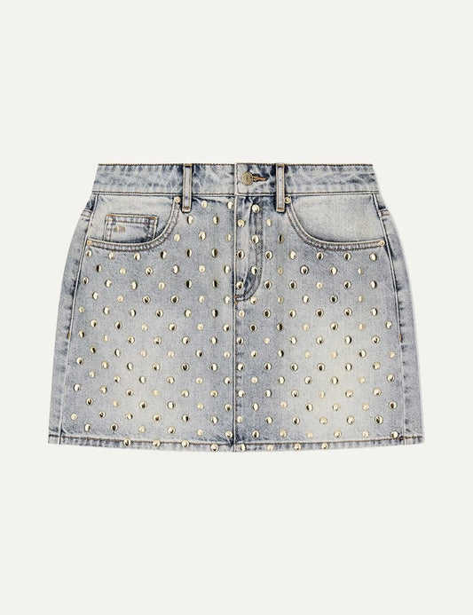 Armani Exchange women's light blue denim mini skirt with all-over rhinestone embellishments, five-pocket design and front button closure.