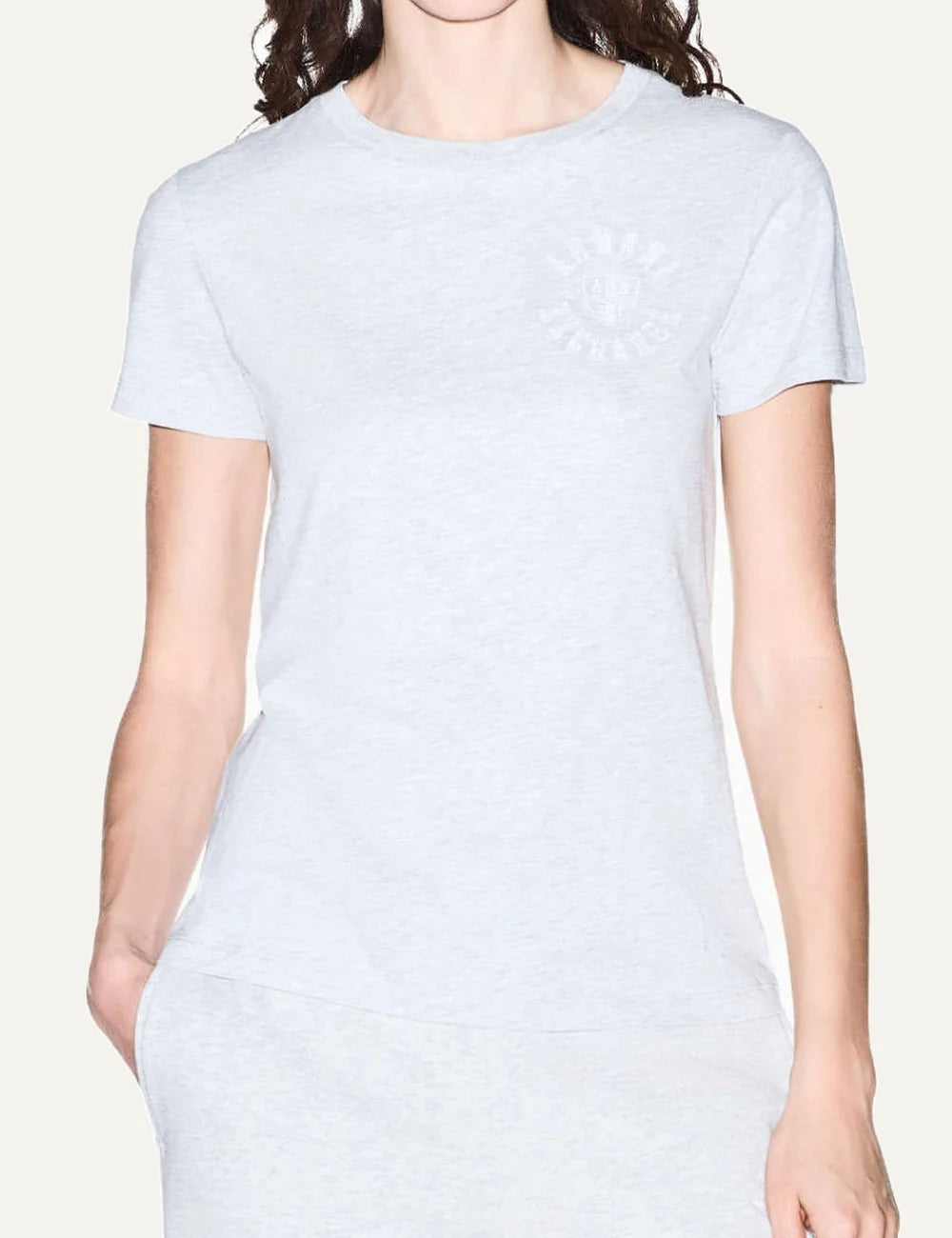 Women's Armani Exchange light grey cotton T-shirt with crew neck, short sleeves and tonal logo detail on the chest model