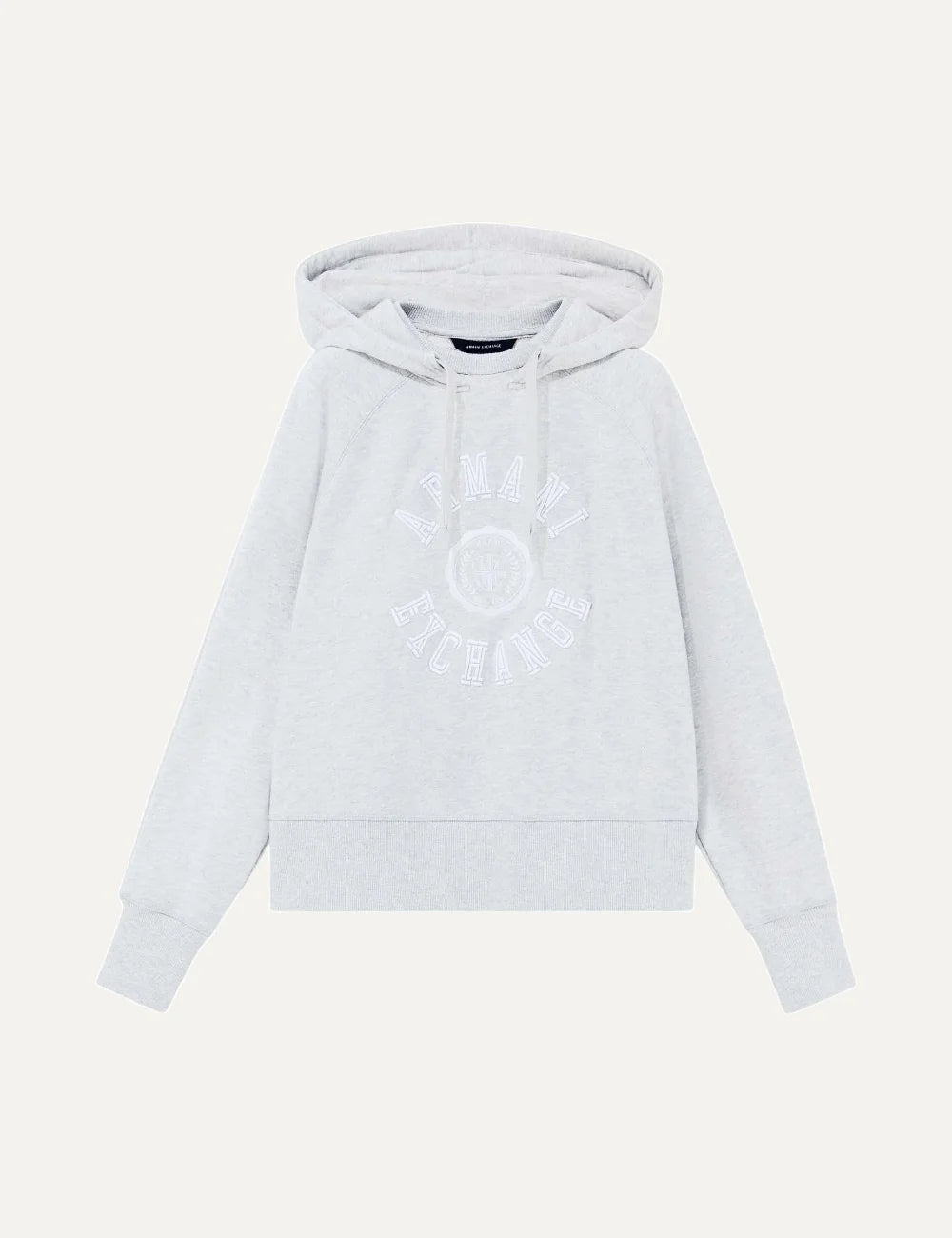Armani Exchange women's light grey melange cotton hoodie with drawstring hood, embroidered front logo and ribbed cuffs.
