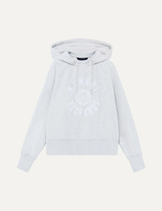 Armani Exchange women's light grey melange cotton hoodie with drawstring hood, embroidered front logo and ribbed cuffs.