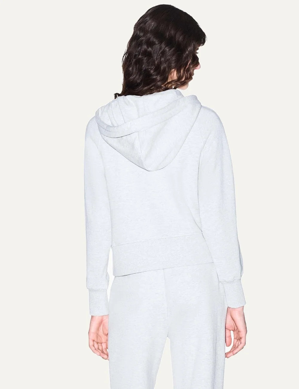Armani Exchange women's light grey melange cotton hoodie with drawstring hood, embroidered front logo and ribbed cuffs back