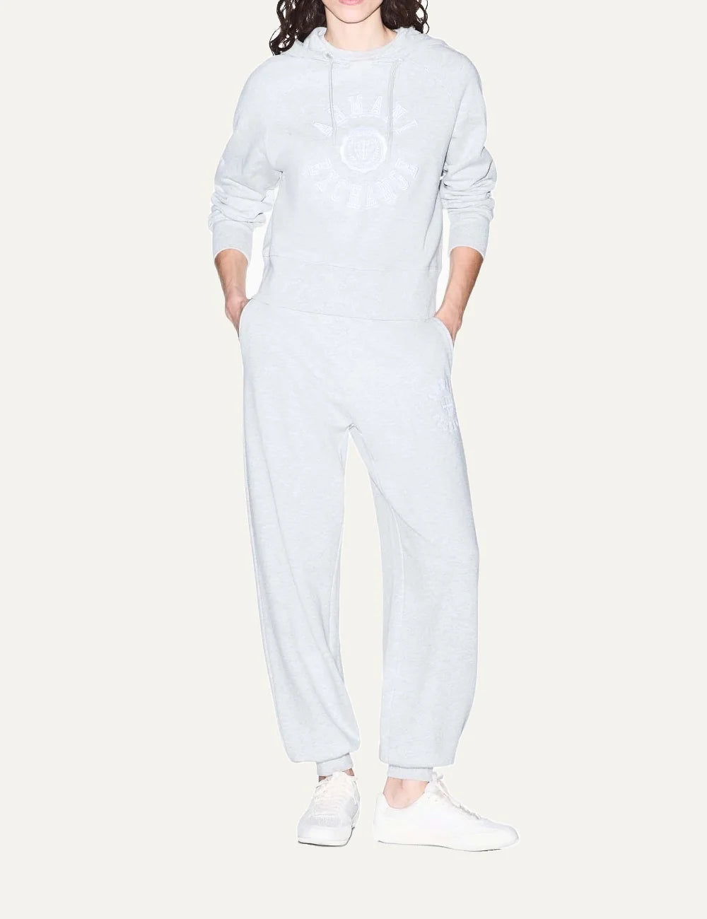 Armani Exchange women's light grey melange cotton hoodie with drawstring hood, embroidered front logo and ribbed cuffs full body