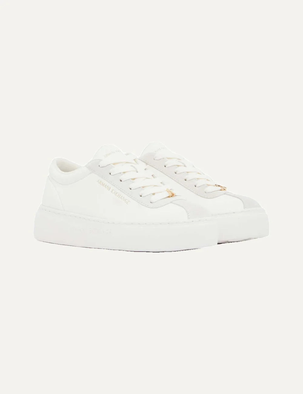 Women's Armani Exchange Off White low-top sneakers in faux leather and suede with side logo, lace-up closure and chunky platform sole angled