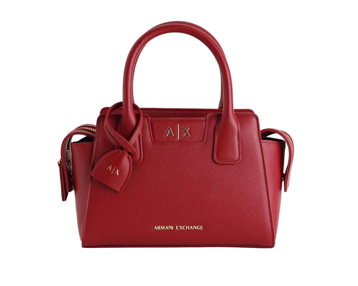 Armani Exchange women's red faux leather handbag with double top handles, detachable shoulder strap and gold-tone AX logo.