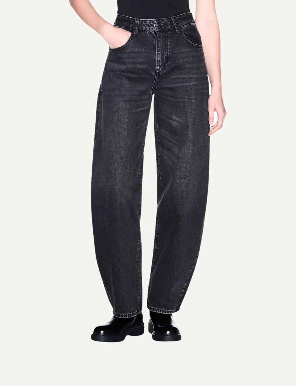 Armani Exchange women's washed black high-waisted barrel-leg jeans with faded denim finish and five-pocket design.