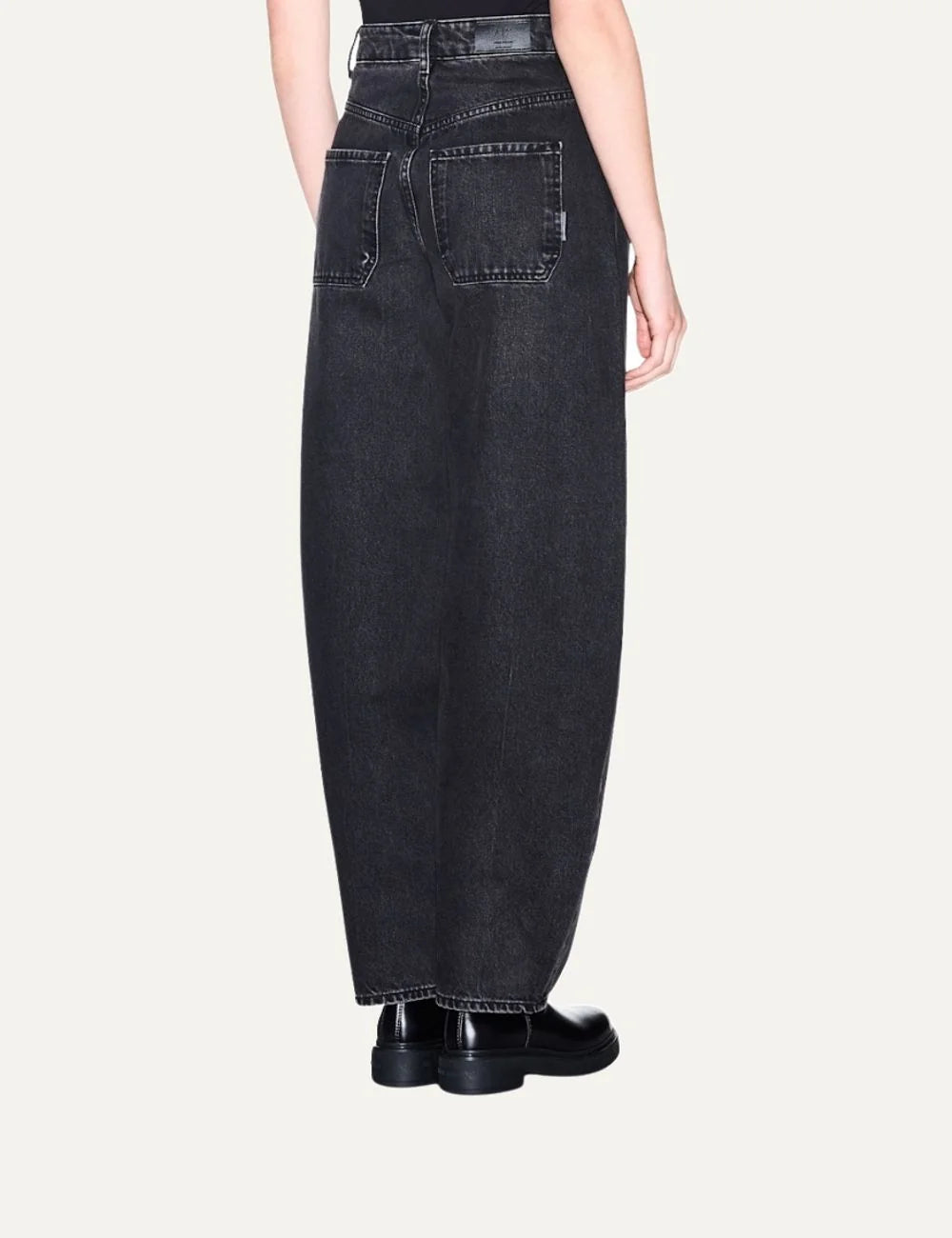 Armani Exchange women's washed black high-waisted barrel-leg jeans with faded denim finish and five-pocket design back