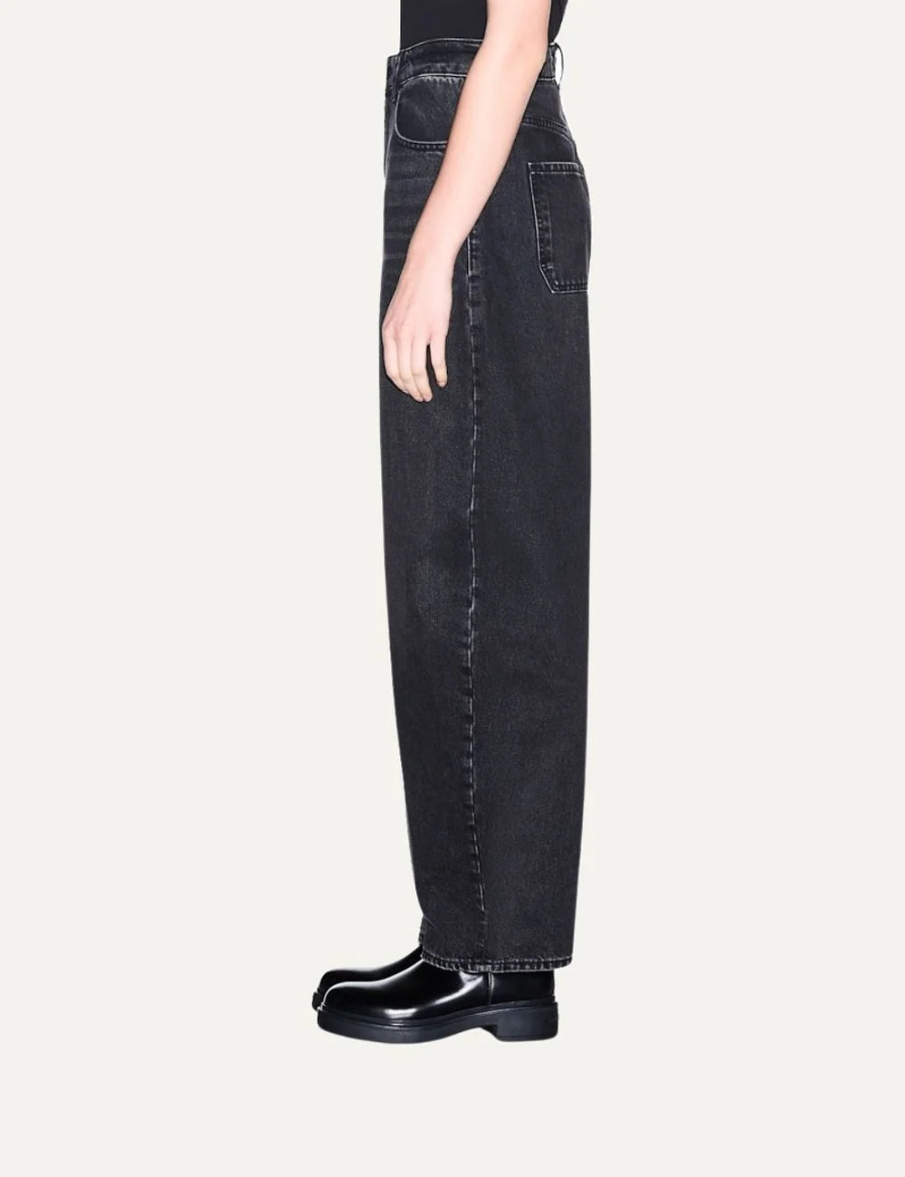 Armani Exchange women's washed black high-waisted barrel-leg jeans with faded denim finish and five-pocket design side