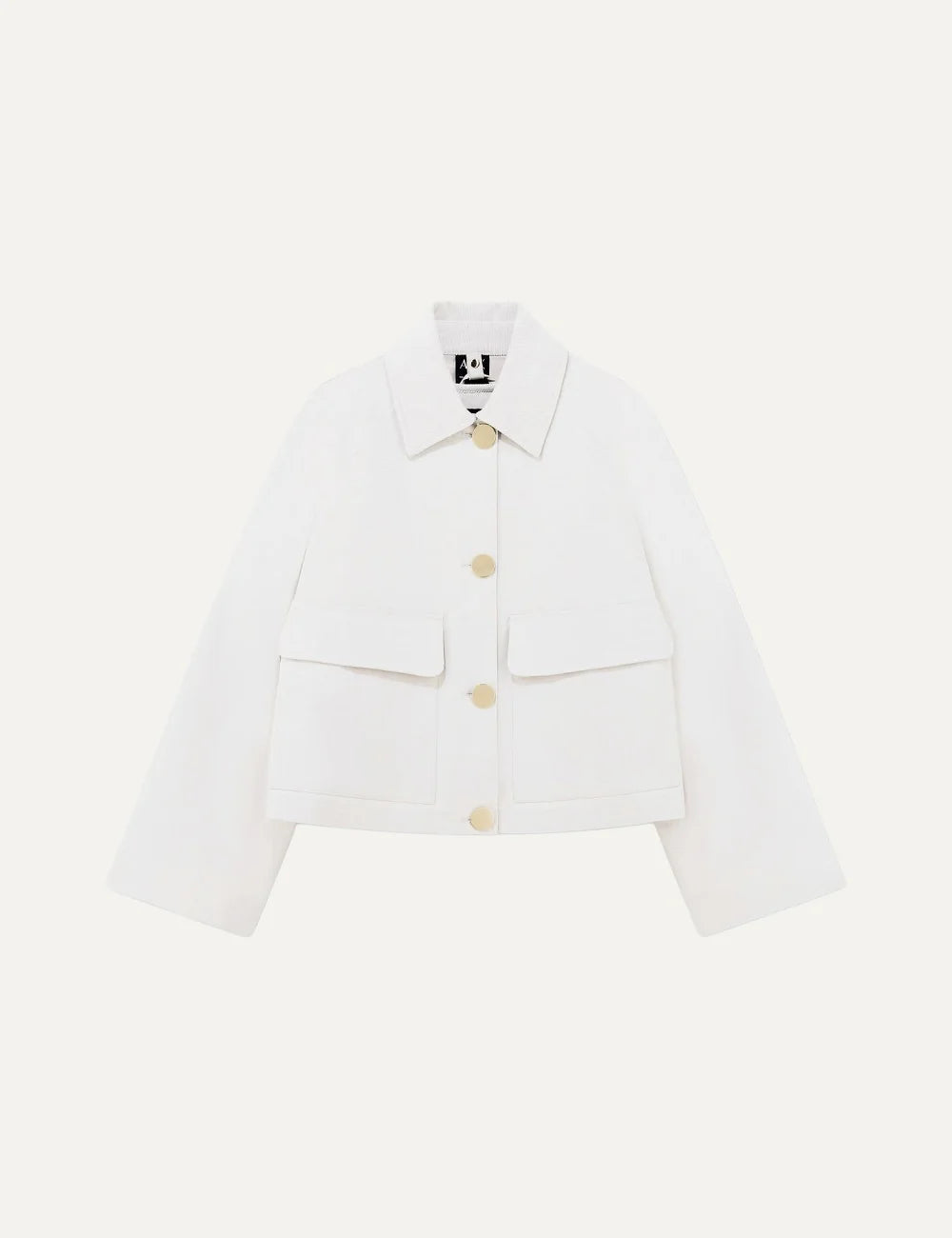 Women's Armani Exchange white cropped jacket with shirt collar, gold-tone buttons and front flap patch pockets
