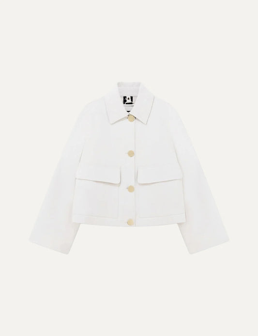 Women's Armani Exchange white cropped jacket with shirt collar, gold-tone buttons and front flap patch pockets