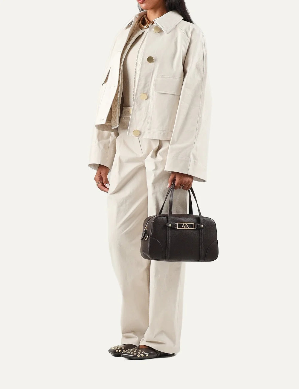 Women's Armani Exchange white cropped jacket with shirt collar, gold-tone buttons and front flap patch pockets side