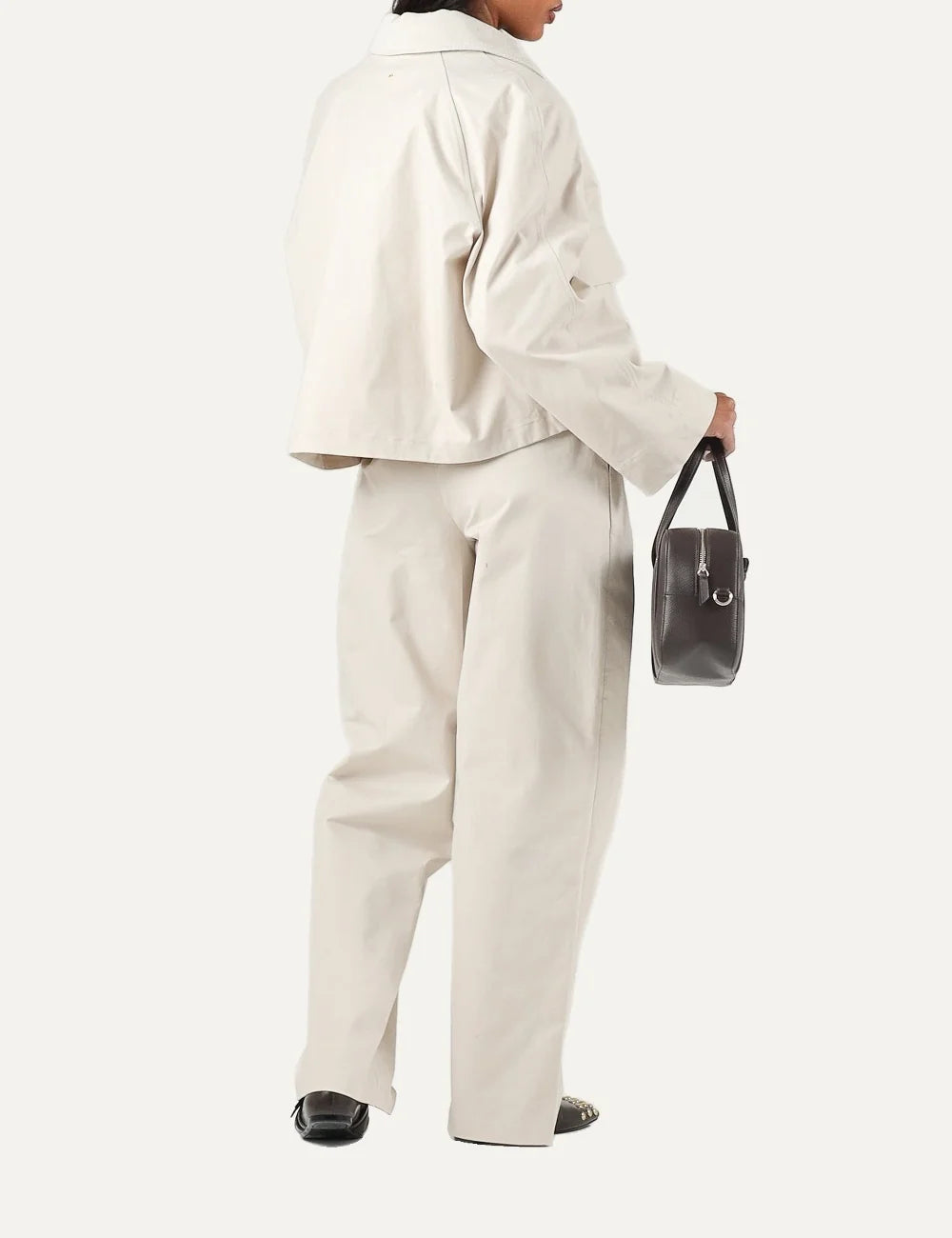 Women's Armani Exchange white cropped jacket with shirt collar, gold-tone buttons and front flap patch pockets back