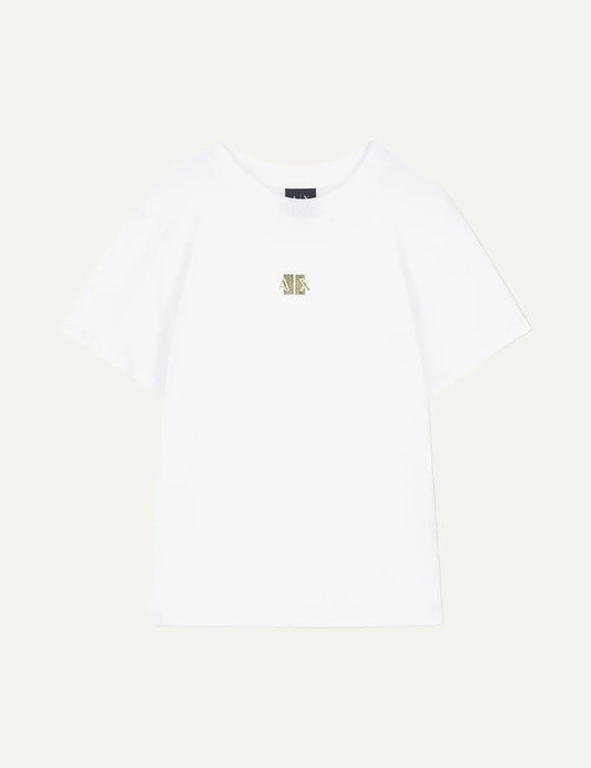 Armani Exchange women's white short sleeve T-shirt with crew neckline and small gold-tone A|X chest logo.