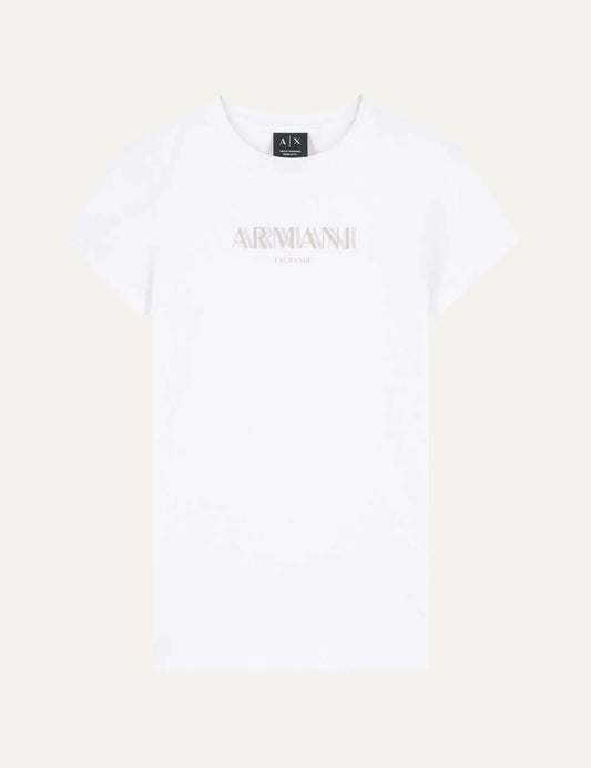 Armani Exchange women's white regular-fit cotton jersey T-shirt with round neckline, short sleeves and light grey front logo.