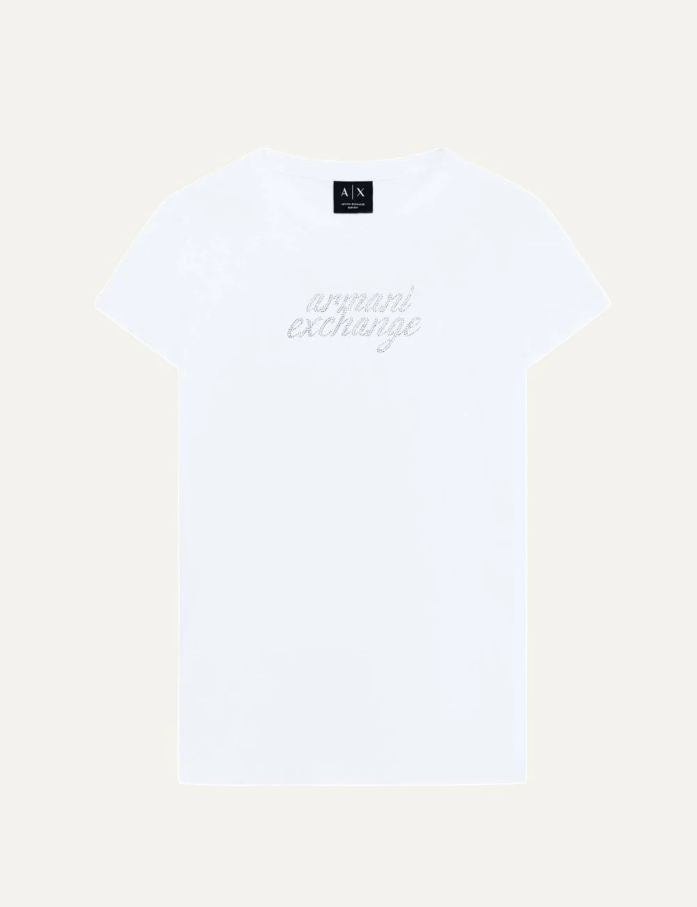Armani Exchange women's white cotton T-shirt with round neckline, short sleeves and rhinestone embellished front logo.