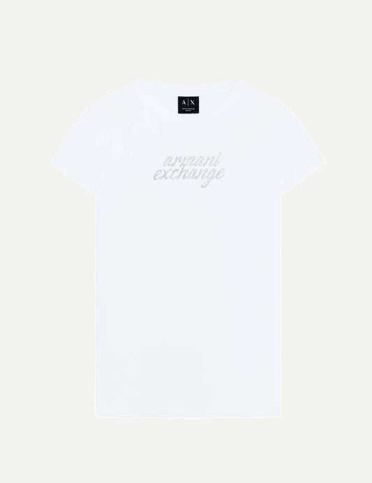 Armani Exchange women's white cotton T-shirt with round neckline, short sleeves and rhinestone embellished front logo.