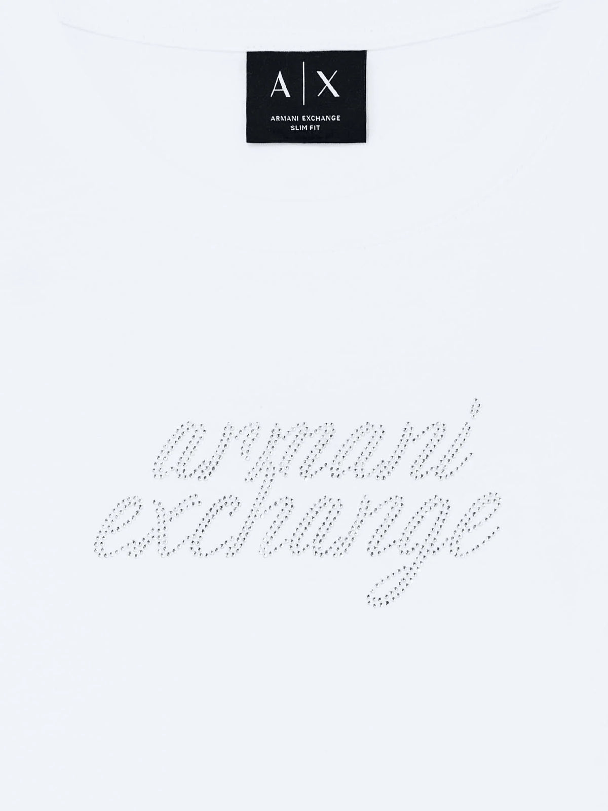 Armani Exchange women's white cotton T-shirt with round neckline, short sleeves and rhinestone embellished front logo detail