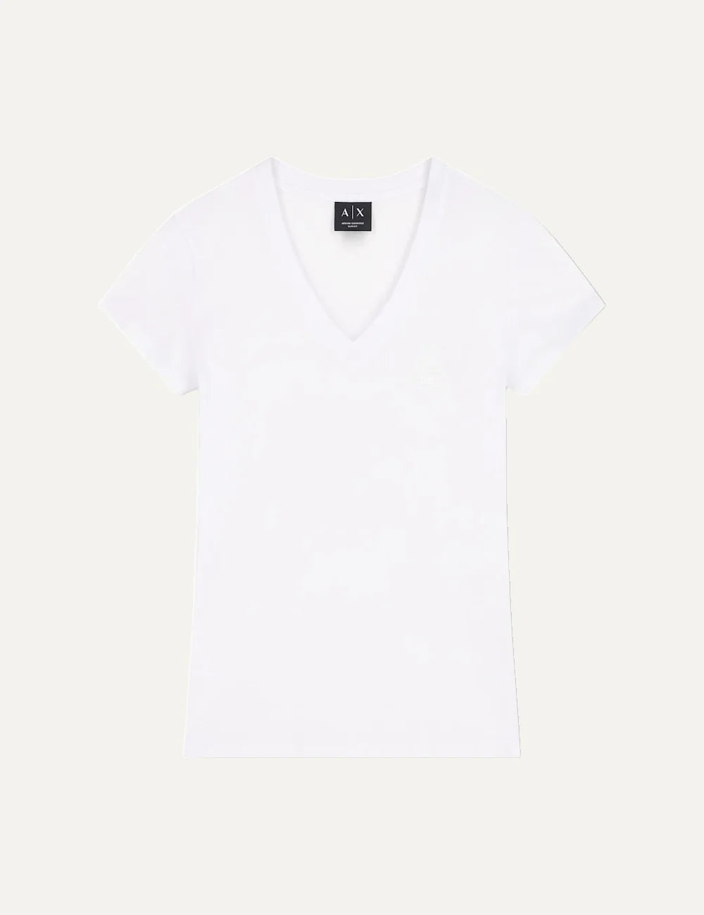 Armani Exchange women's white slim-fit cotton jersey T-shirt with V-neckline, short sleeves and minimalist design.